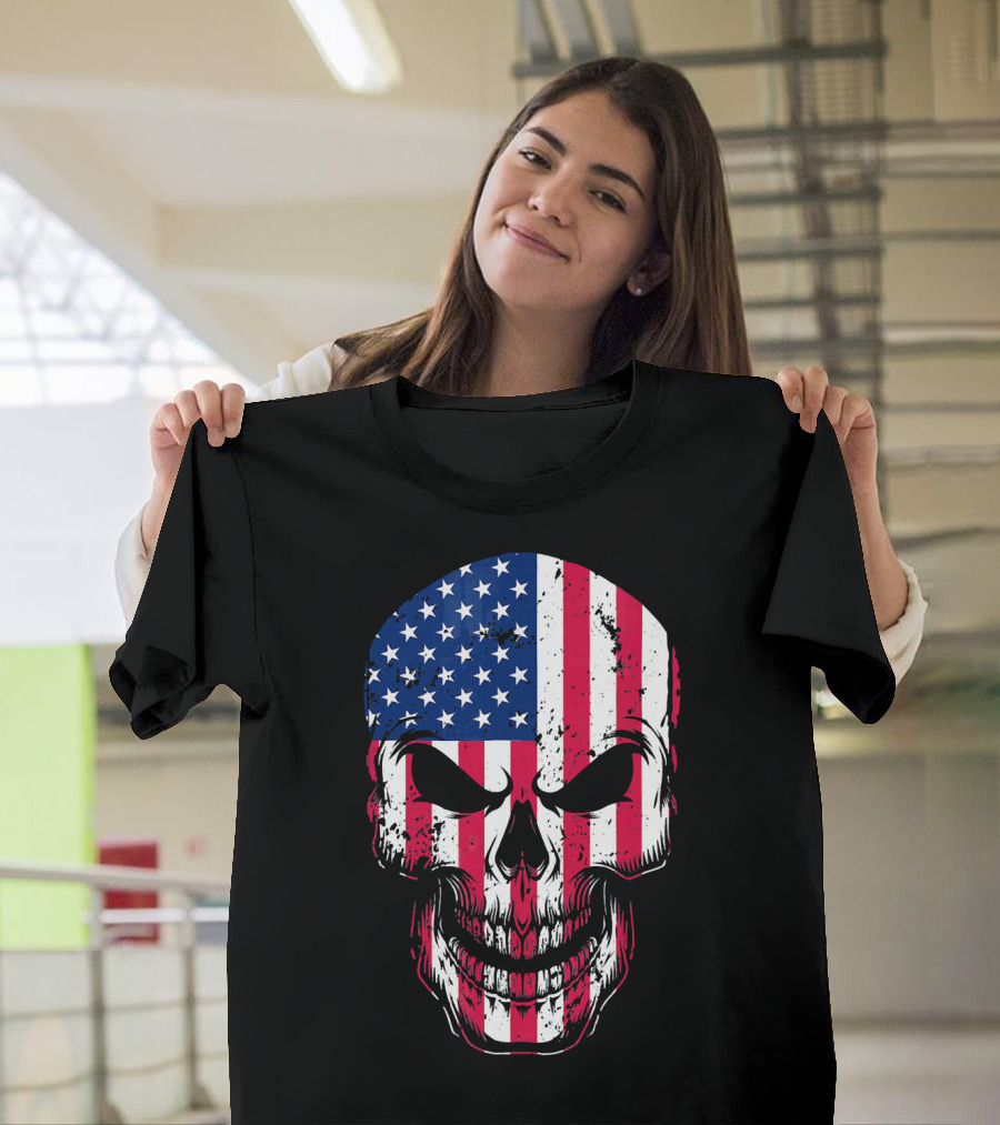 4th Of July American Flag Skull Head Red Stripes Stars USA T-Shirt