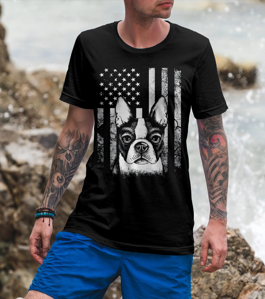 Boston Terrier American Flag 4th Of July USA Dog T-Shirt
