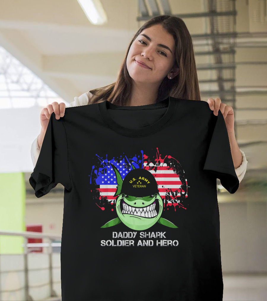 U.S. Army Veteran Daddy Shark Soldier and Hero American Flag Background T-Shirt