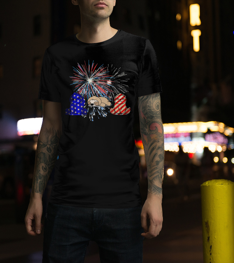 Red White Blue Sloth Fireworks Patriotic T-Shirt