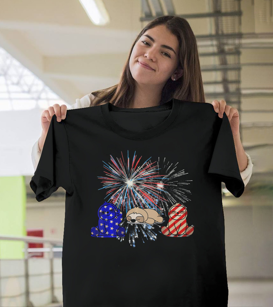 Red White Blue Sloth Fireworks Patriotic T-Shirt