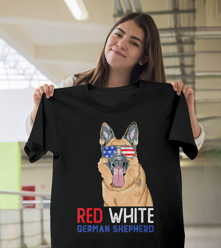 Red White German Shepherd USA Sunglasses Stars Stripes T-Shirt
