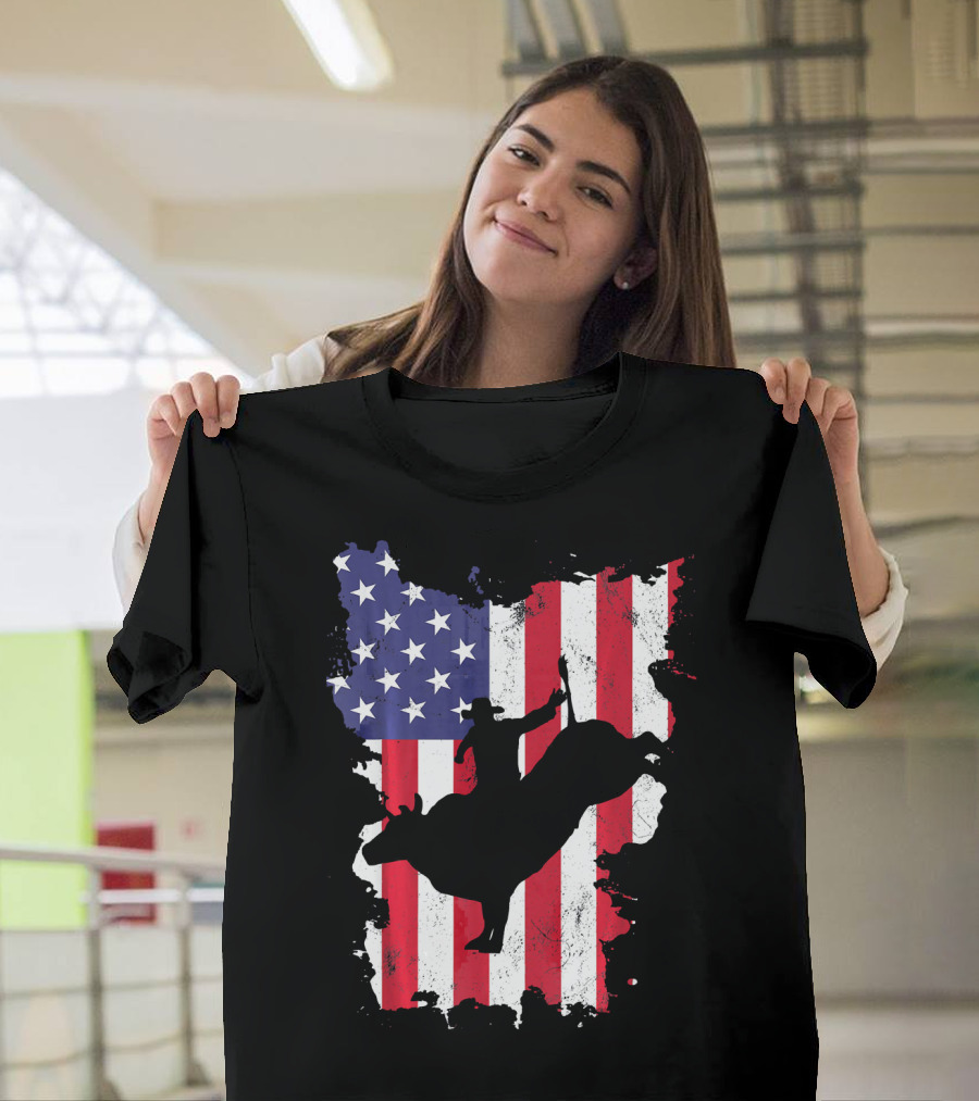 Bull Riding Cowboy Silhouette USA Flag T-Shirt