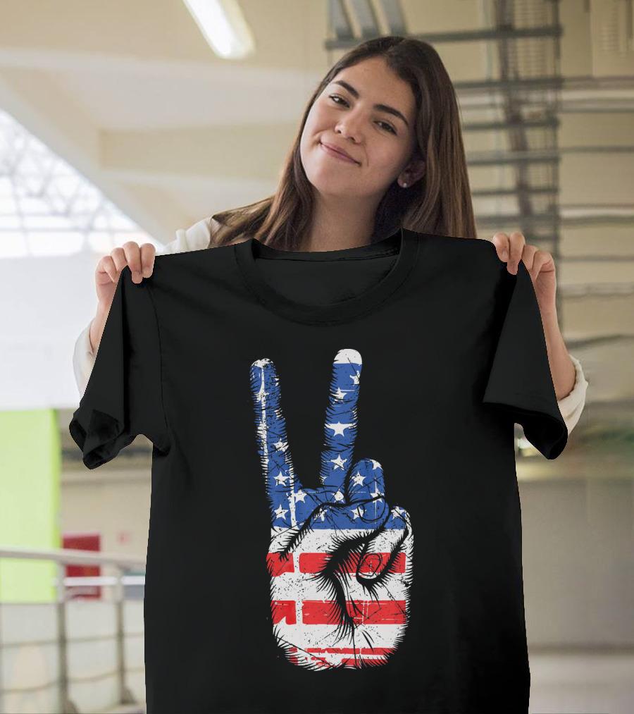 American Flag Peace Sign Hand Gesture T-Shirt