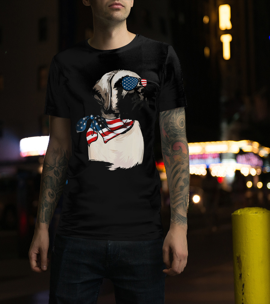 American Flag English Mastiff With Patriotic Stars And Stripes Sunglasses And Scarf T-Shirt