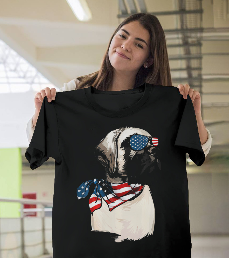 American Flag English Mastiff with Patriotic Stars and Stripes Sunglasses and Scarf T-Shirt