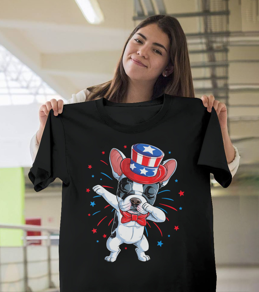 Dabbing French Bulldog Uncle Sam Hat Fireworks 4th of July T-Shirt