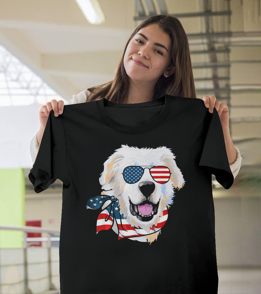 American Flag Great Pyrenees Dog with Patriotic Sunglasses and Bandana T-Shirt