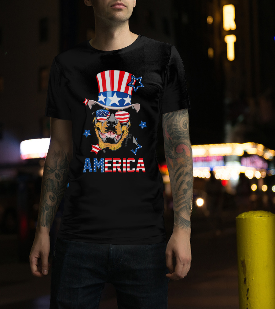 America Rottweiler Wearing Patriotic Top Hat And Sunglasses T-Shirt