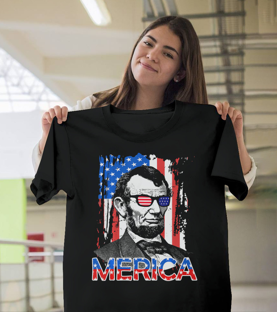 Merica American Flag Abe Lincoln with Sunglasses T-Shirt