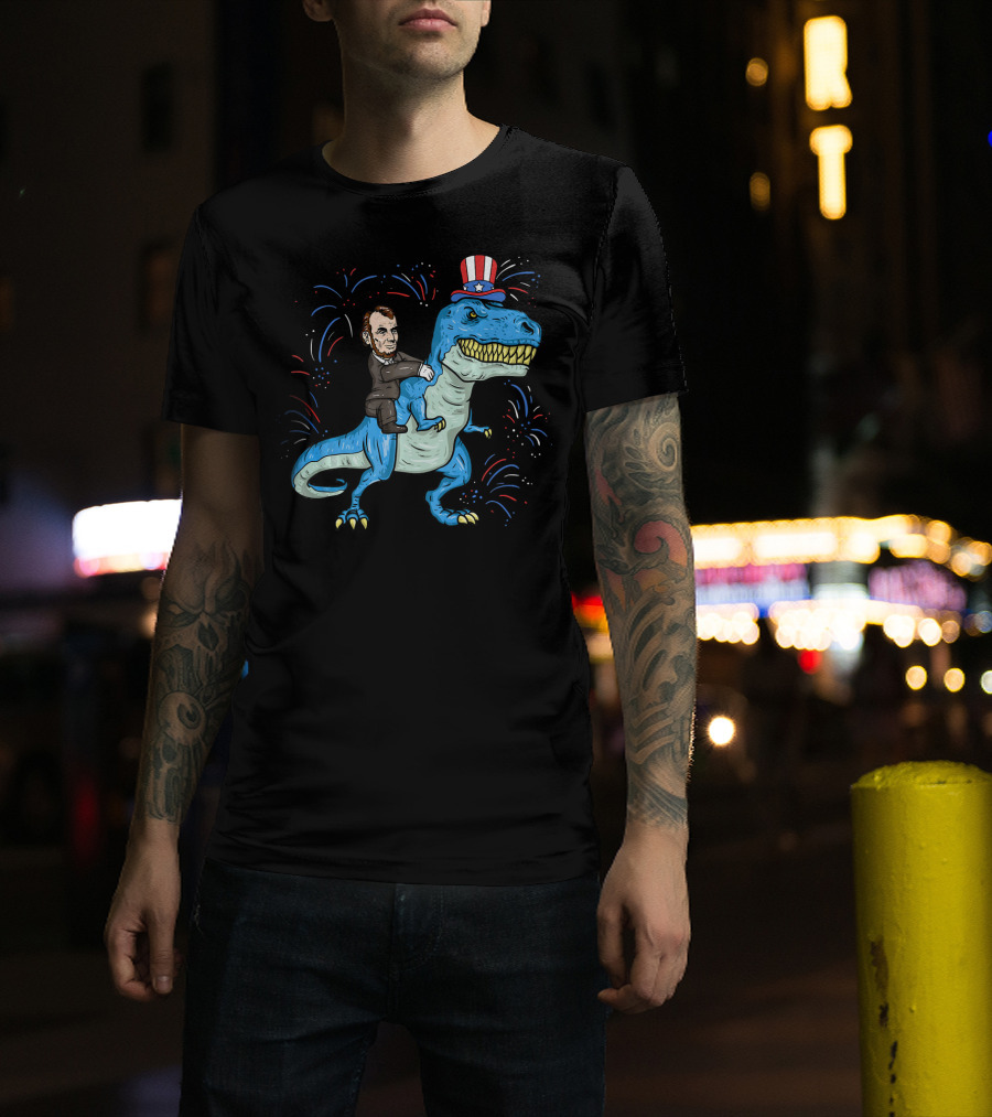Abe Lincoln Patriotic Dinosaur Riding Fireworks Hat T-Shirt