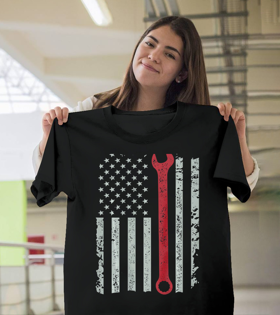 American Flag with Red Mechanic Wrench T-Shirt