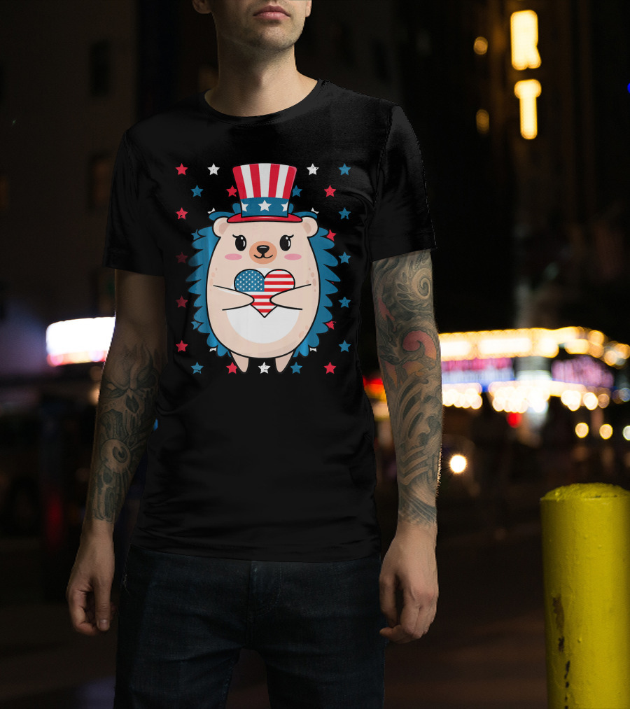 Hedgehog Patriotic Stars Uncle Sam Hat Holding USA Flag Heart T-Shirt