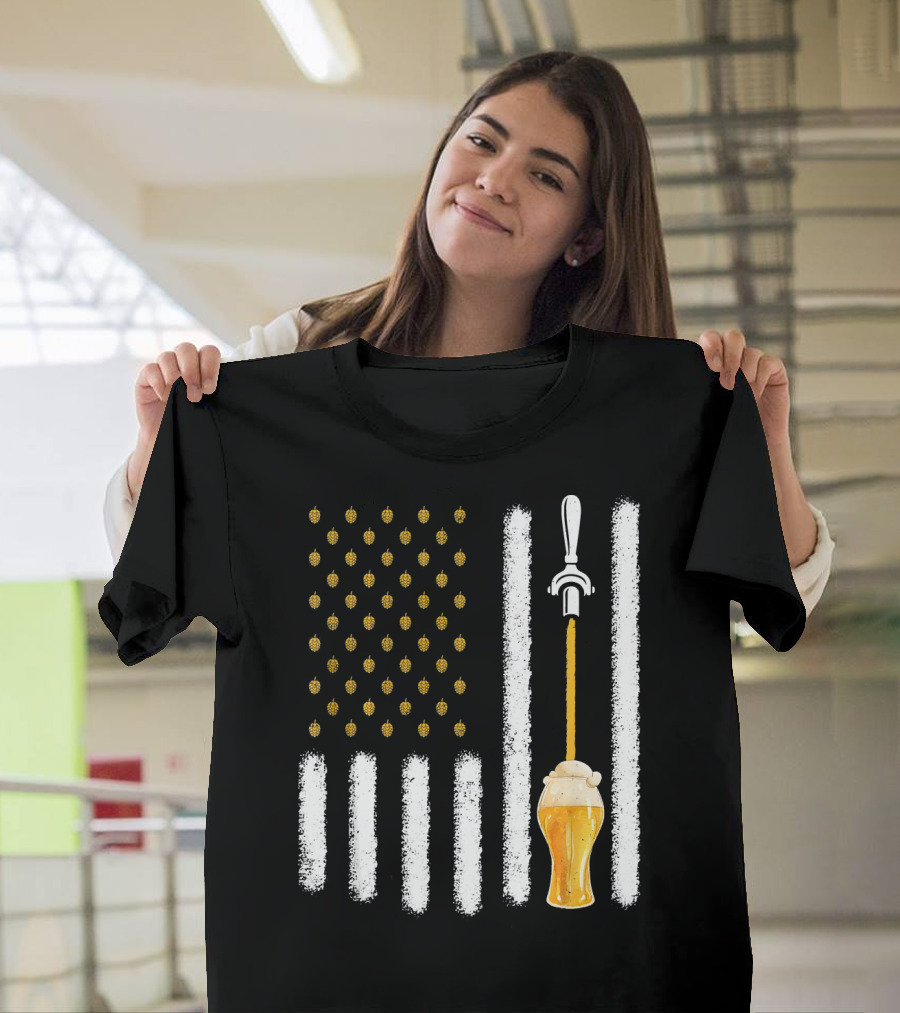 USA Flag Hops Pattern Craft Beer Tap Pouring T-Shirt