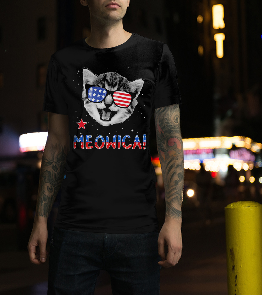 Meowica Cat With American Flag Glasses And Stars T-Shirt