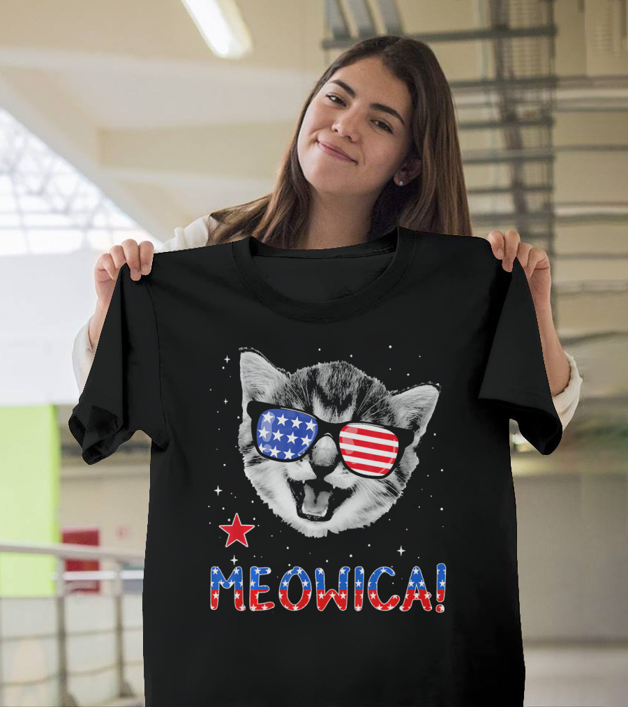 Meowica Cat with American Flag Glasses and Stars T-Shirt