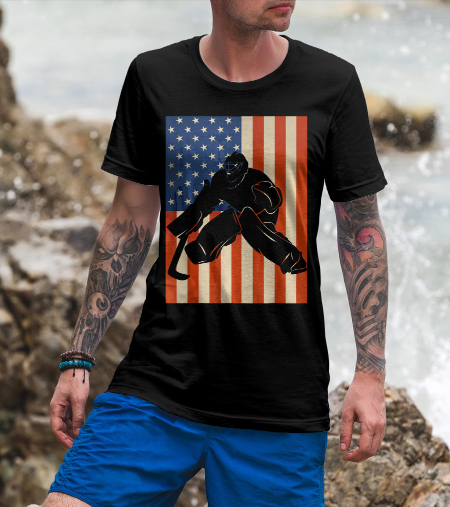 Hockey Goalie American Flag USA T-Shirt