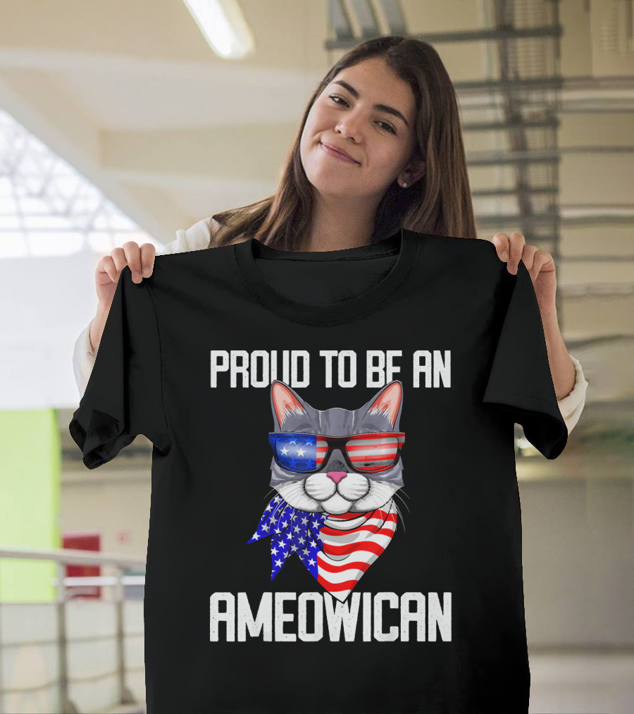 Proud To Be An Ameowican Cat With American Flag Glasses And Scarf T-Shirt