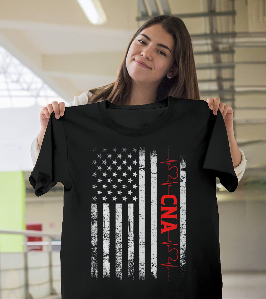 American Flag Heartbeat Red CNA Patriotic Nurse T-Shirt