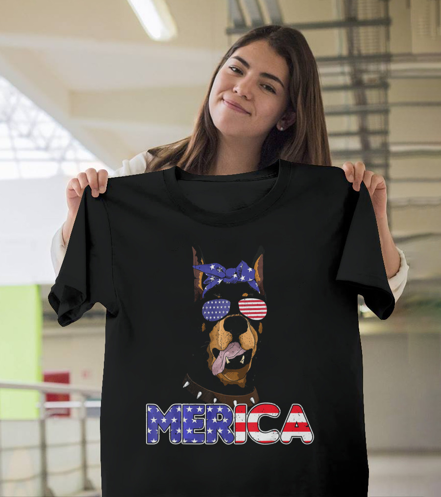 Patriotic Merica Doberman Pinscher with American Flag Bandana and Sunglasses T-Shirt
