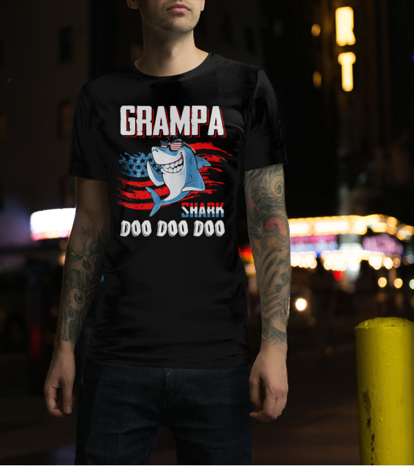 Grampa Shark Doo Doo Doo American Flag Sunglasses T-Shirt