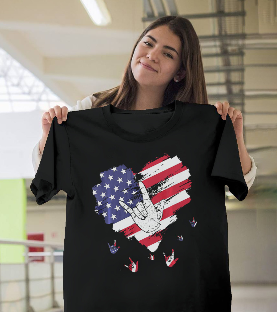 I Love You American Sign Language Hand Shape Heart with USA Flag Colors T-Shirt