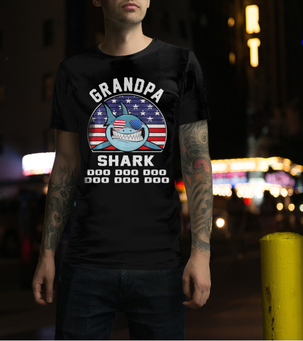 Grandpa Shark Doo Doo Doo American Flag Sunglasses T-Shirt