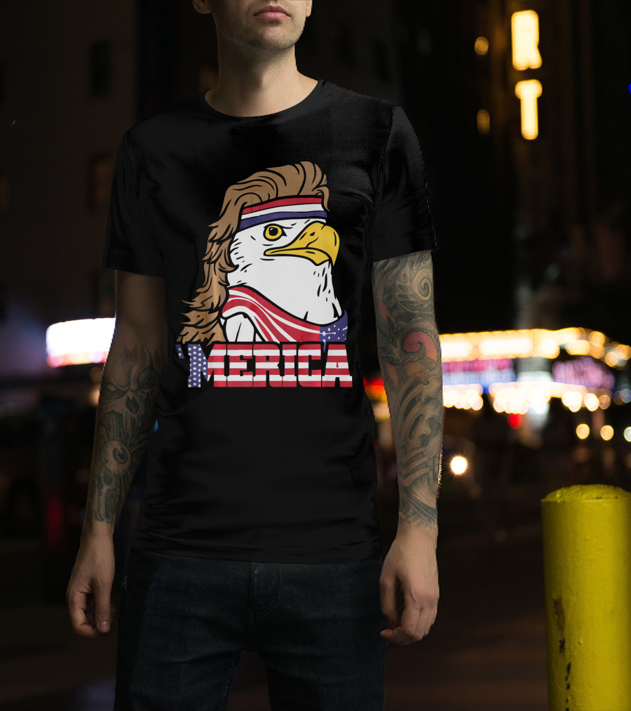 'Merica Bald Eagle Mullet Headband American Flag T-Shirt