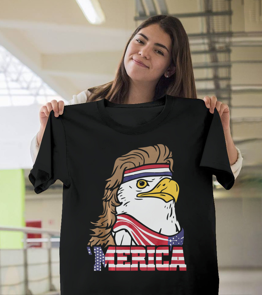 'Merica Bald Eagle Mullet Headband American Flag T-Shirt