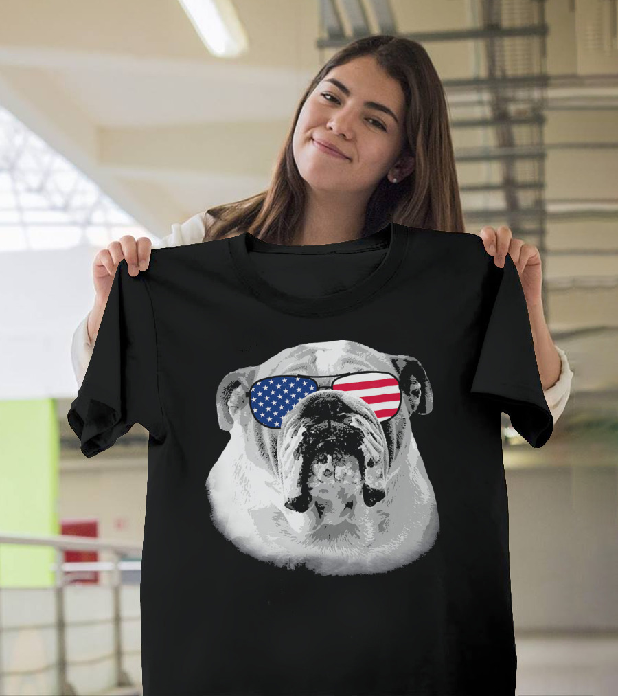 Patriotic Bulldog Dog Merica American Flag Sunglasses T-Shirt