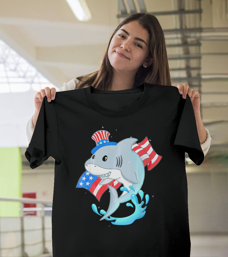 Smiling Shark with American Flag Hat and Patriotic Waves for 4th of July Independence Day T-Shirt