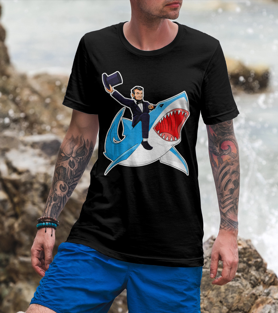Abraham Lincoln Riding A Shark Waving Top Hat Adventure T-Shirt