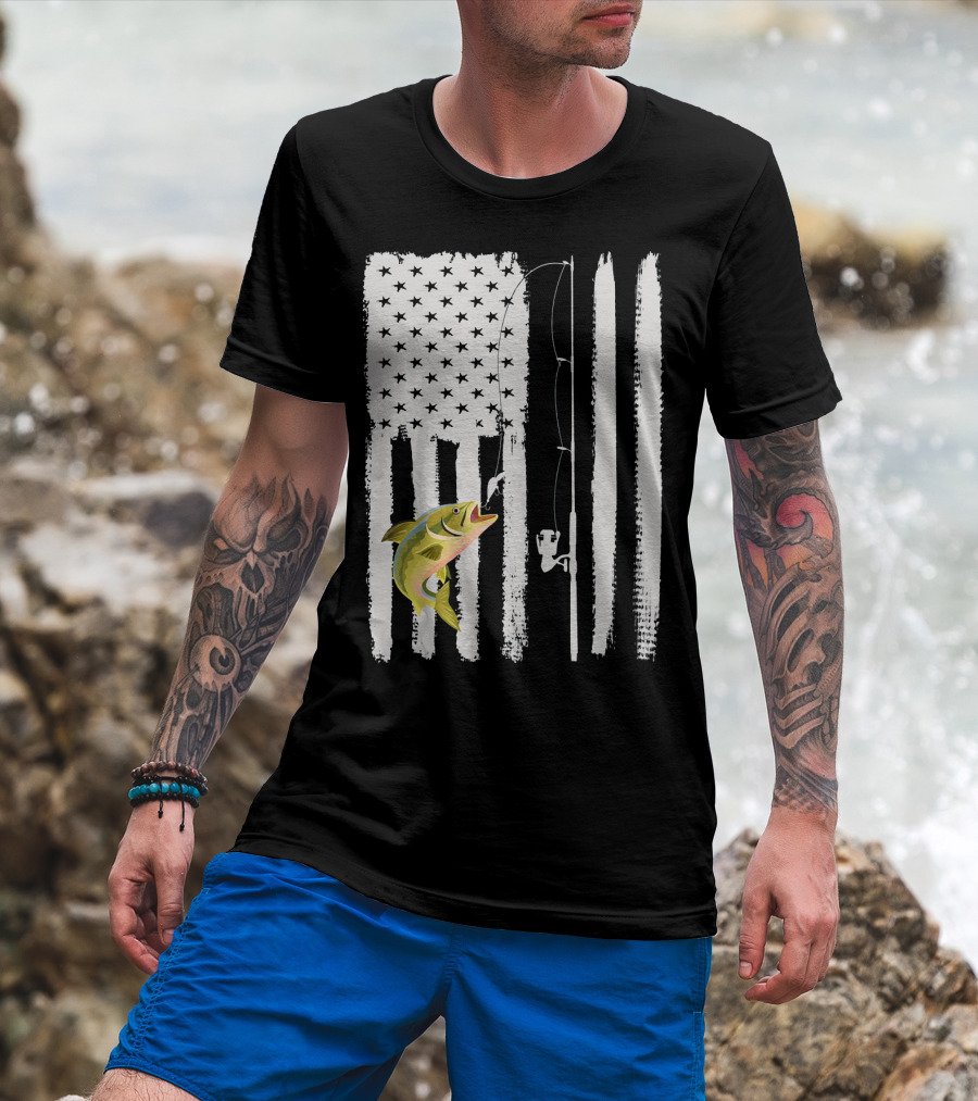 American Flag Fishing Pole With Fish USA Patriotic T-Shirt