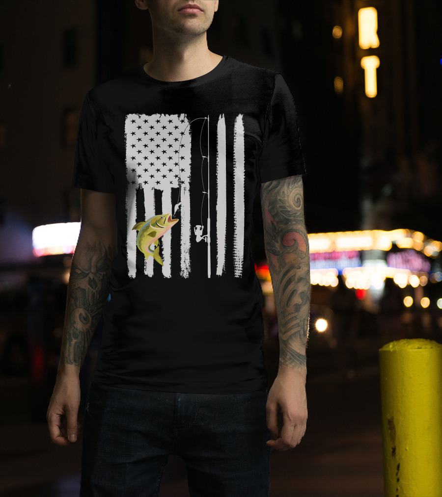 American Flag Fishing Pole With Fish USA Patriotic T-Shirt