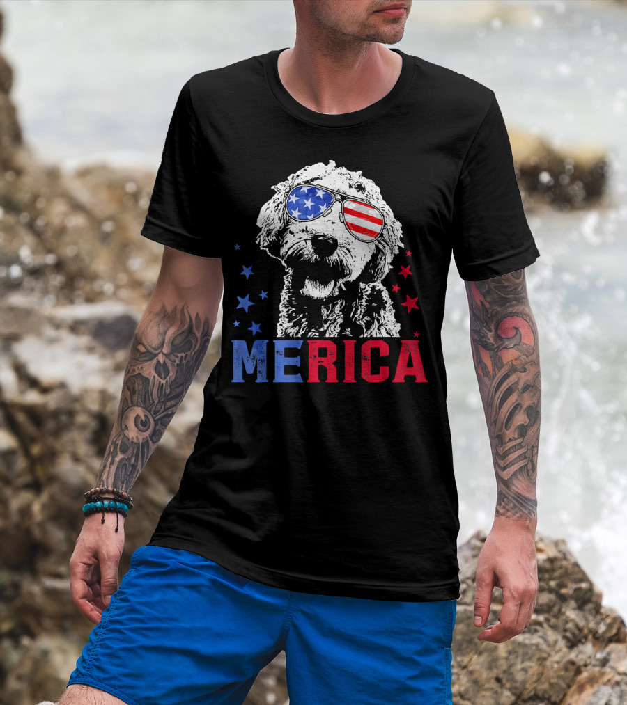 Merica Goldendoodle USA Flag Sunglasses Patriotic Stars T-Shirt