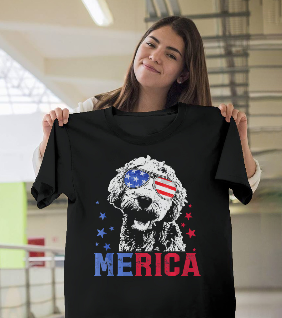 Merica Goldendoodle USA Flag Sunglasses Patriotic Stars T-Shirt