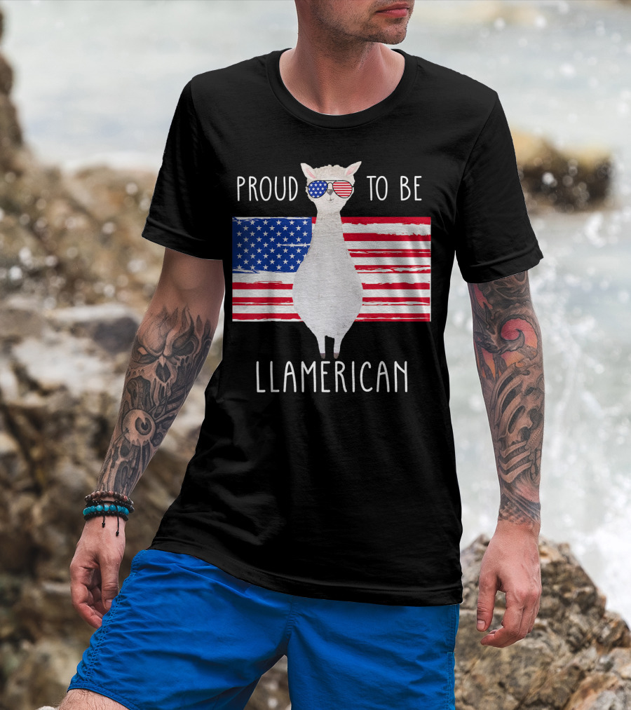 Proud To Be Llamerican Funny Llama With American Flag Sunglasses T-Shirt