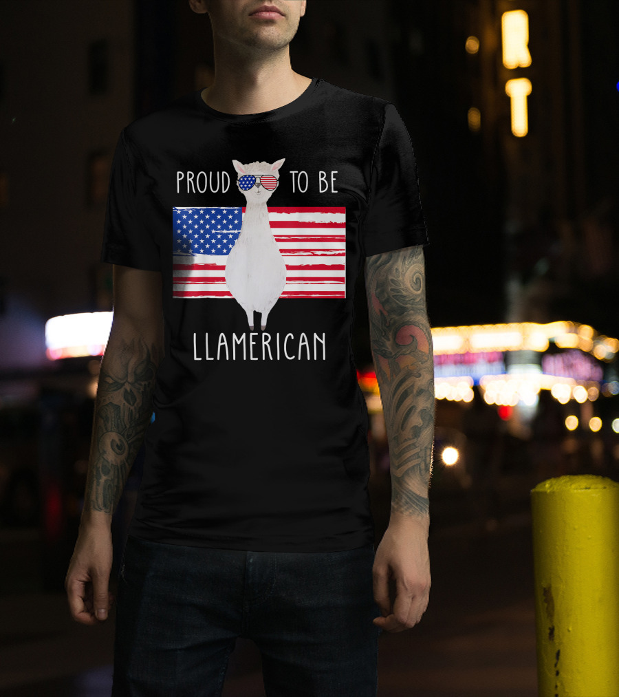 Proud To Be Llamerican Funny Llama With American Flag Sunglasses T-Shirt
