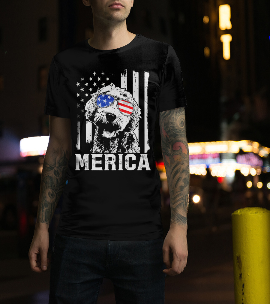 Merica Goldendoodle With American Flag Sunglasses And Stripes T-Shirt