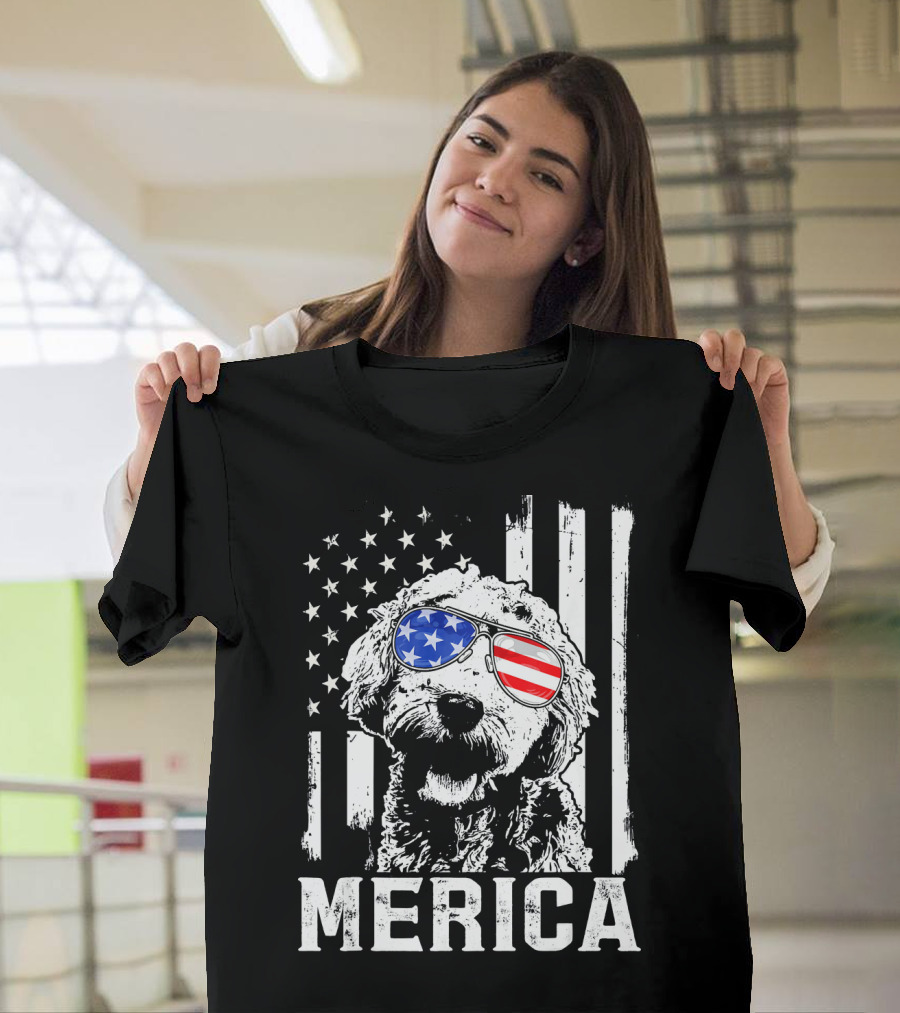 Merica Goldendoodle with American Flag Sunglasses and Stripes T-Shirt