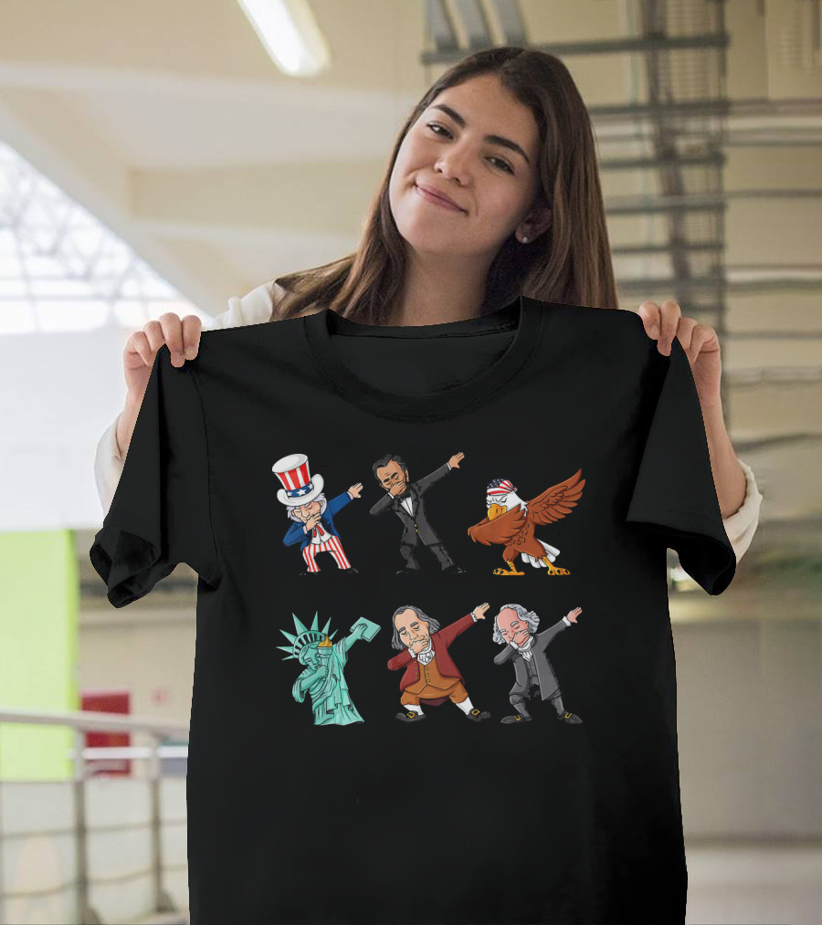 Uncle Sam Abraham Lincoln Bald Eagle Statue of Liberty Benjamin Franklin Founding Father Dabbing 4th of July T-Shirt