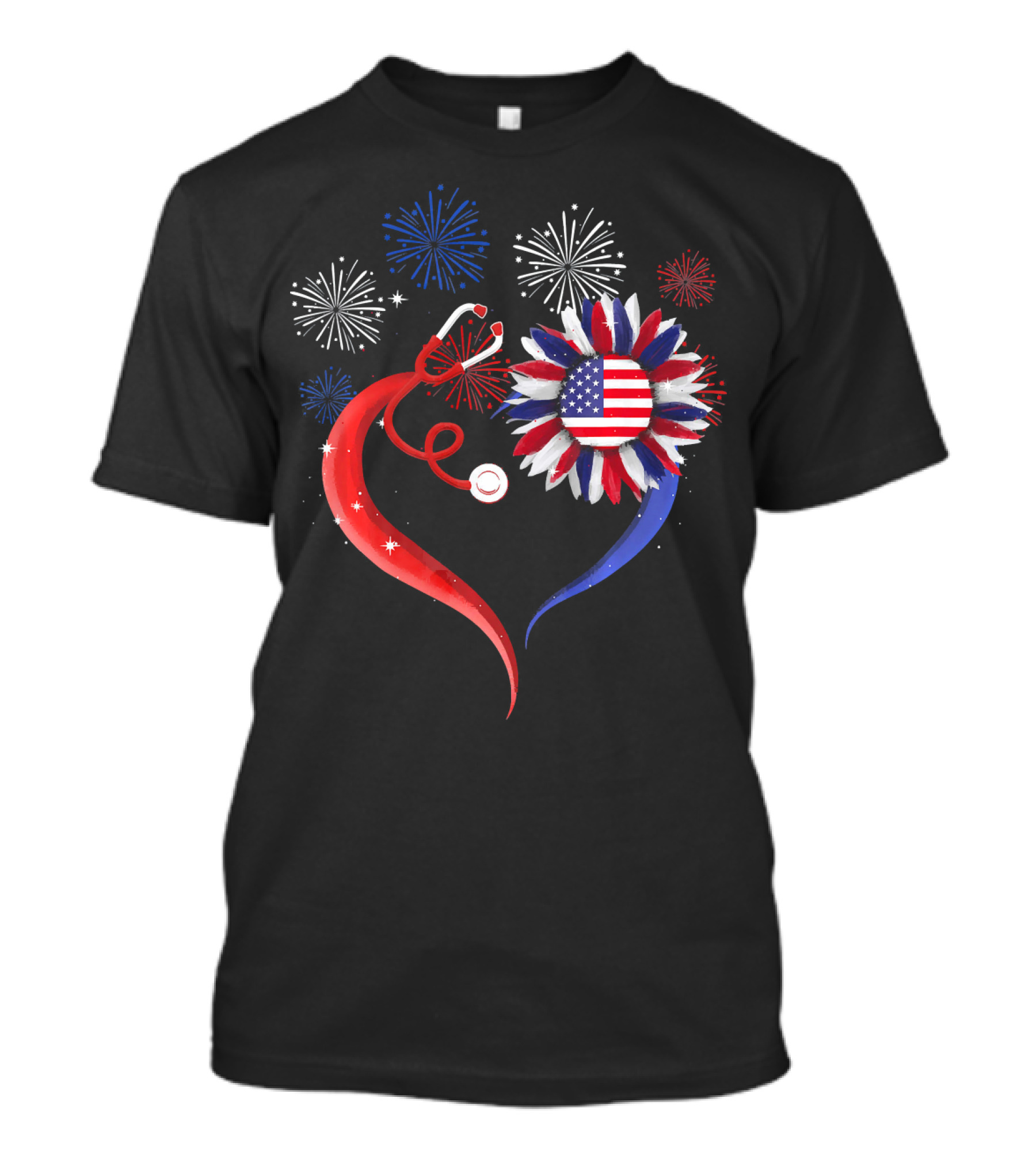 Heart Shaped Red Stethoscope Sunflower With USA Flag And Fireworks T-Shirt