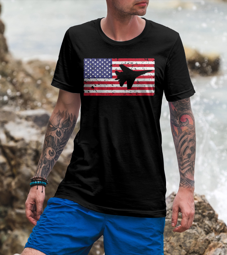 American Flag Jet Silhouette Patriotic Airplane T-Shirt