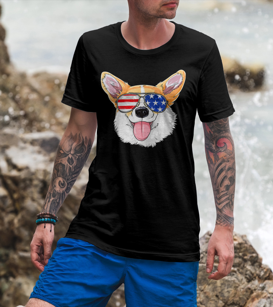 Patriotic Corgi With American Flag Sunglasses T-Shirt