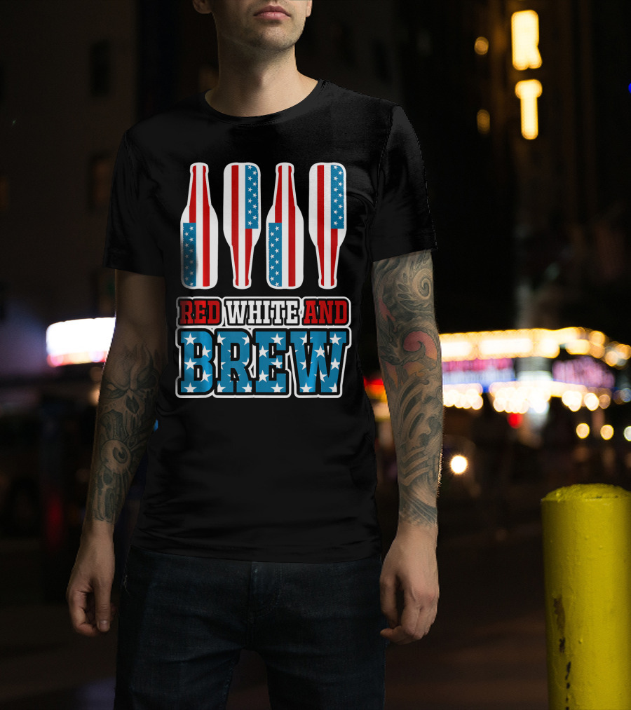 Red White And Brew American Flag Beer Bottles T-Shirt