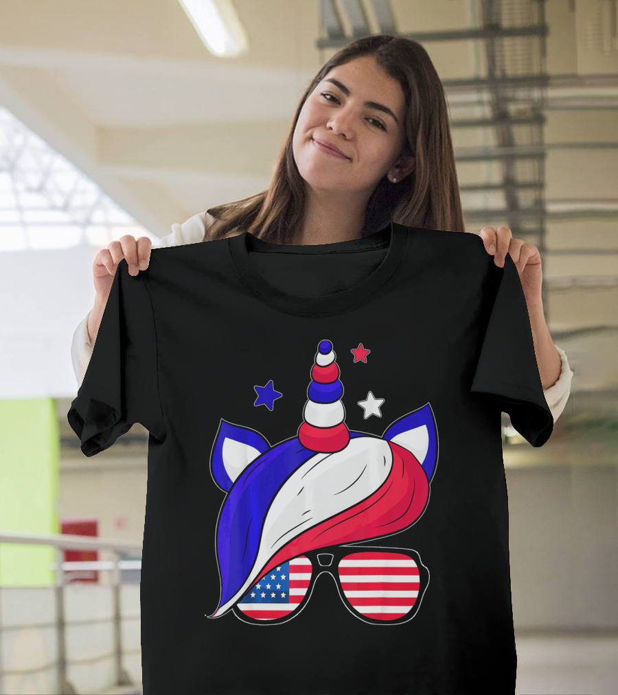 4th of July Patriotic Unicorn with American Flag Sunglasses Funny Cute Top T-Shirt