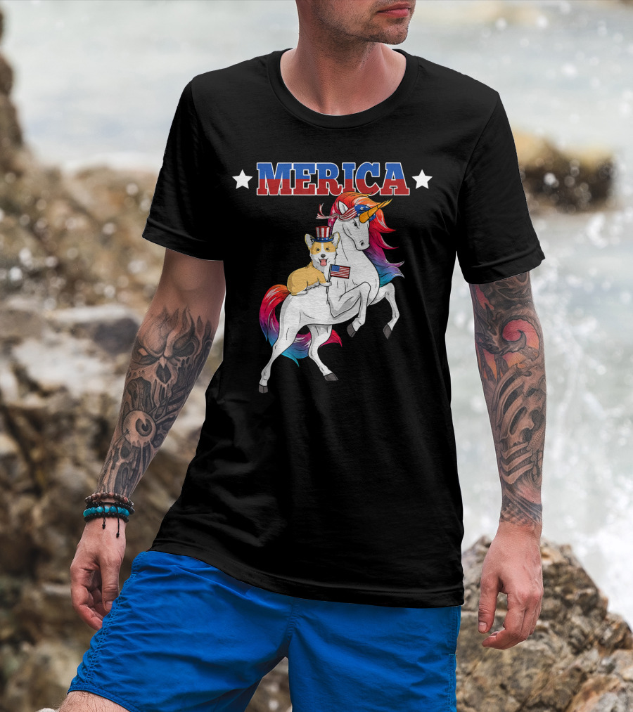 MERICA Corgi Dog Riding Unicorn With American Flag USA T-Shirt