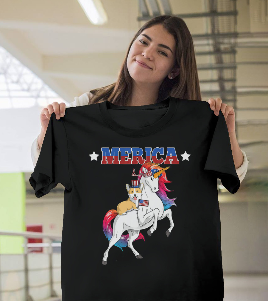 MERICA Corgi Dog Riding Unicorn With American Flag USA T-Shirt