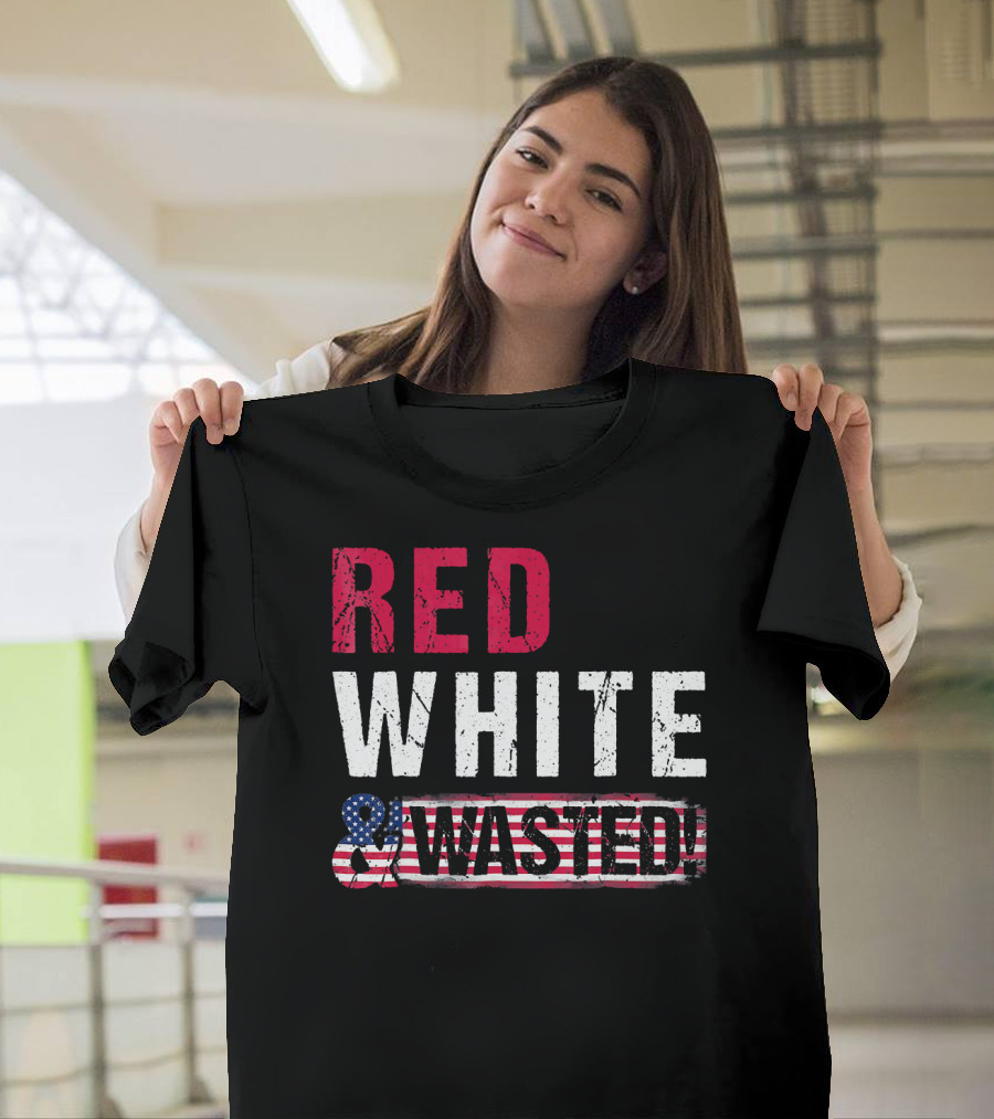 Red White and Wasted American Flag Skull T-Shirt