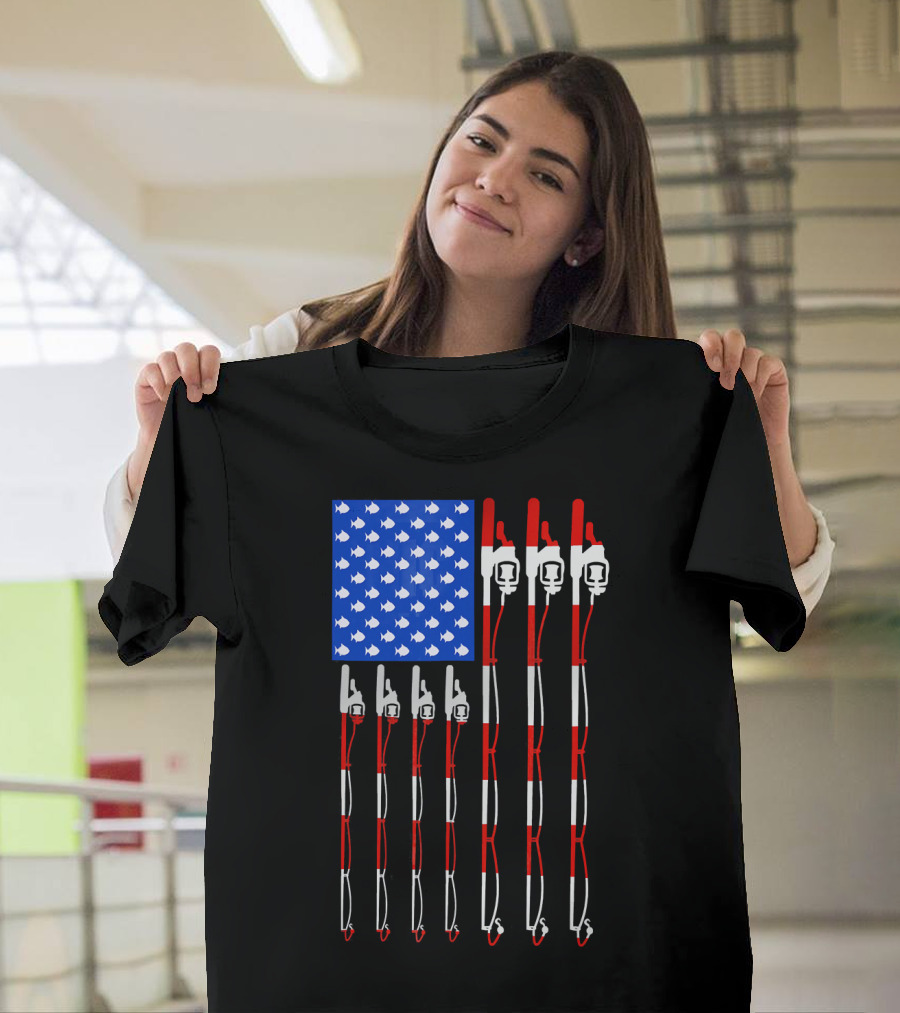 Patriotic Fishing Rod Flag Design American USA T-Shirt